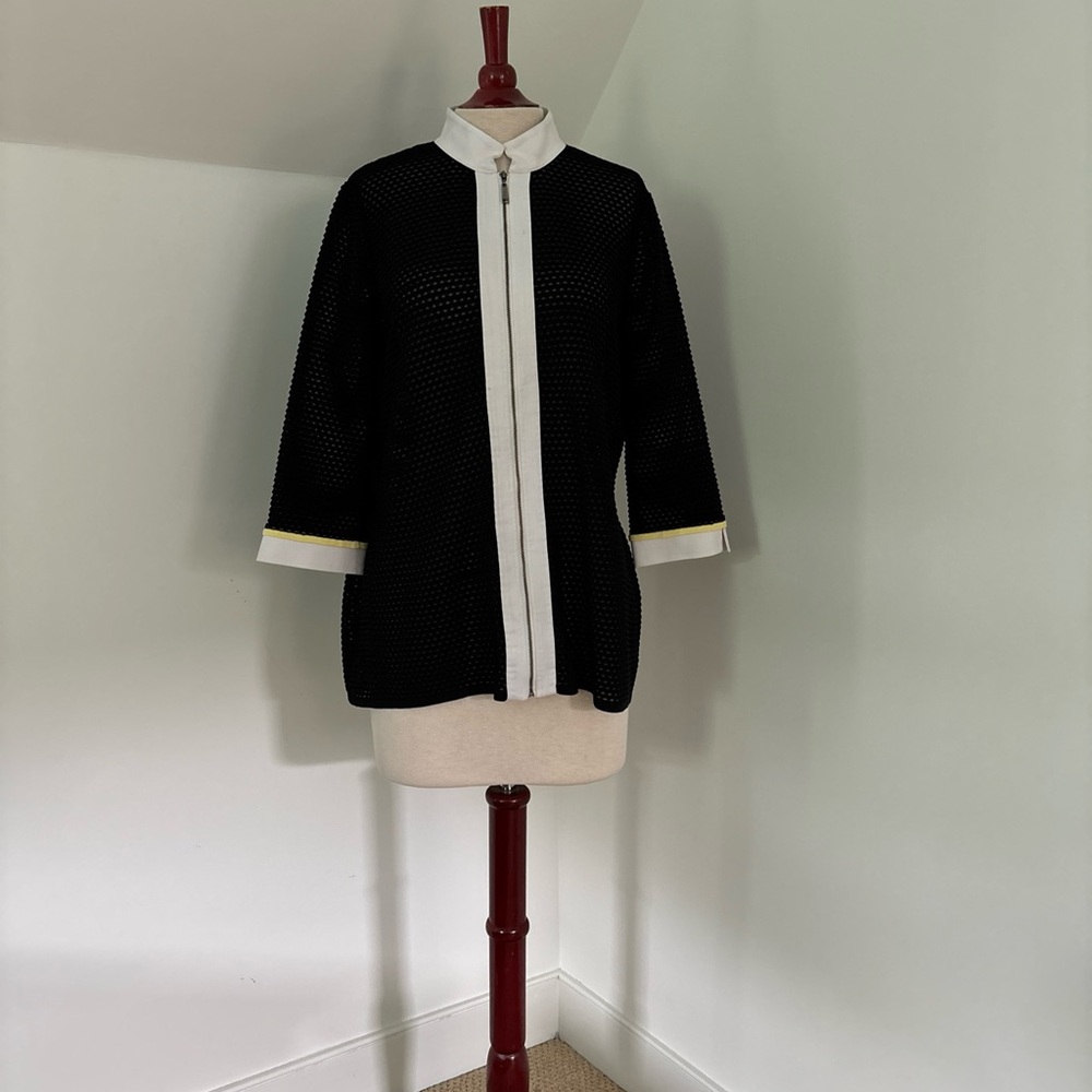 Misook Size M Black/Yellow/White Zip Front Cardigan